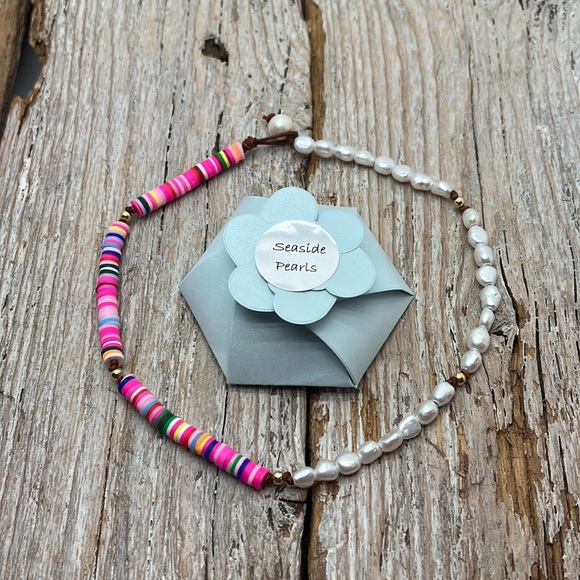 Seaside Pearls Monica Freshwater Pearl Heishi Beaded Leather Choker Necklace New - Picture 2 of 3